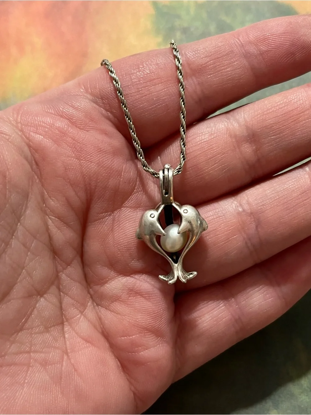 Vintage Sterling Silver 925 Freshwater Pearl Kissing Dolphin Pendant Necklace